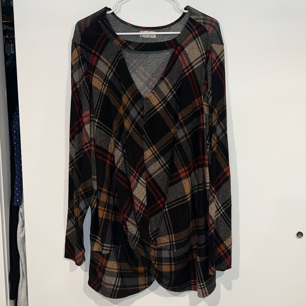 Maurices Plaid Cut Out Neck Twisted Sweater